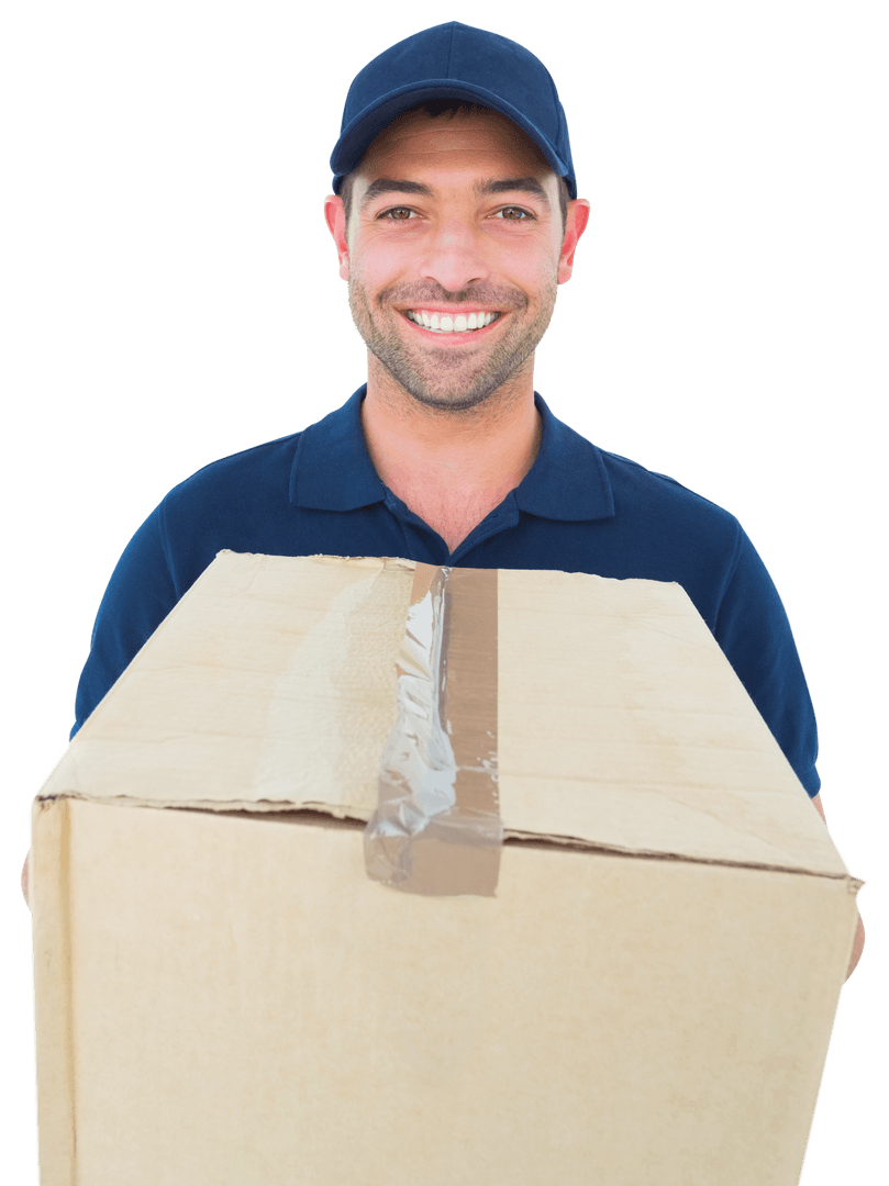 Smiling Courier with Cardboard Box on Transparent Background