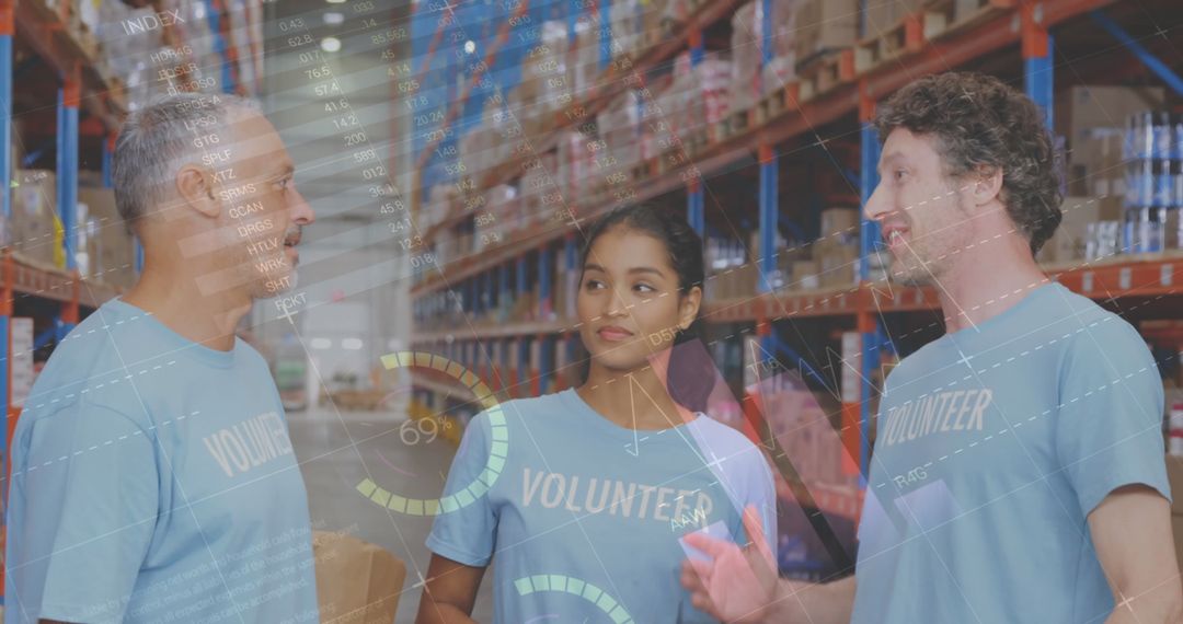Volunteers Conversing in Warehouse with Data Overlay