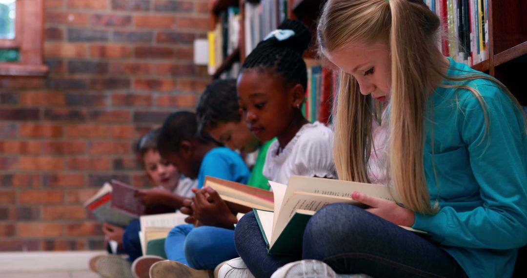 Group of Diverse Children Reading Books in Library - Free Images, Stock Photos and Pictures on Pikwizard.com