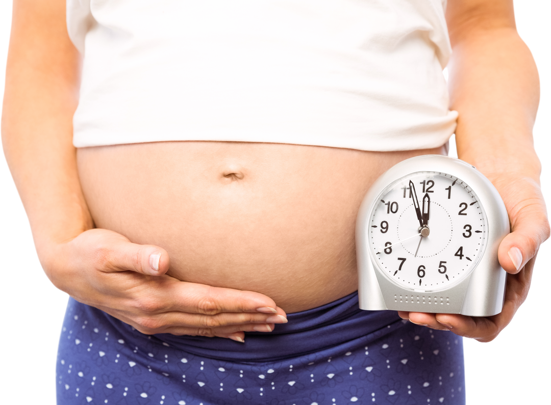 Pregnant Woman Holding Clock and Touching Belly on Transparent Background - Download Free Stock Images Pikwizard.com