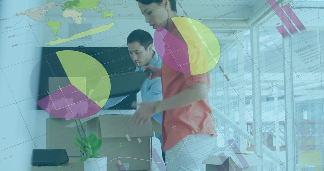 Coworkers Unpacking Office with Infographic Overlay for Team Progress