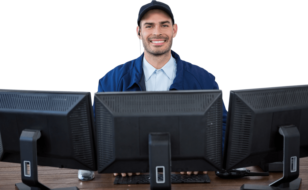 Transparent Security Officer Smiling at Multi-Monitor Workstation