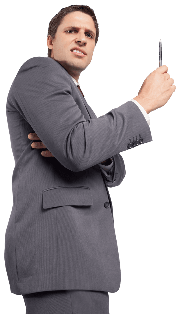 Confused Businessman in Gray Suit Holding Pen on Transparent Background