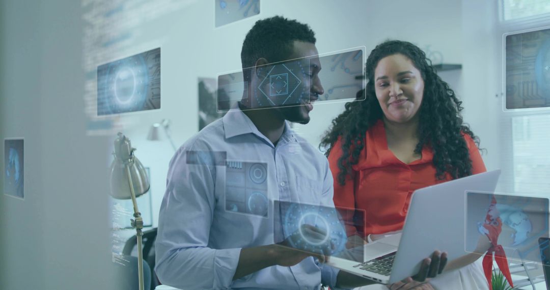 Colleagues Collaborating with Digital Overlays in Office