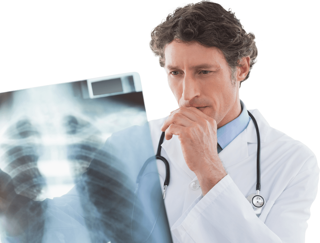 Doctor Analyzing Transparent X-ray Image in Office