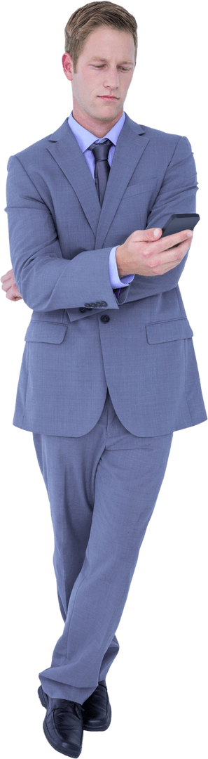 Transparent Businessman Texting on Mobile Phone in Gray Suit