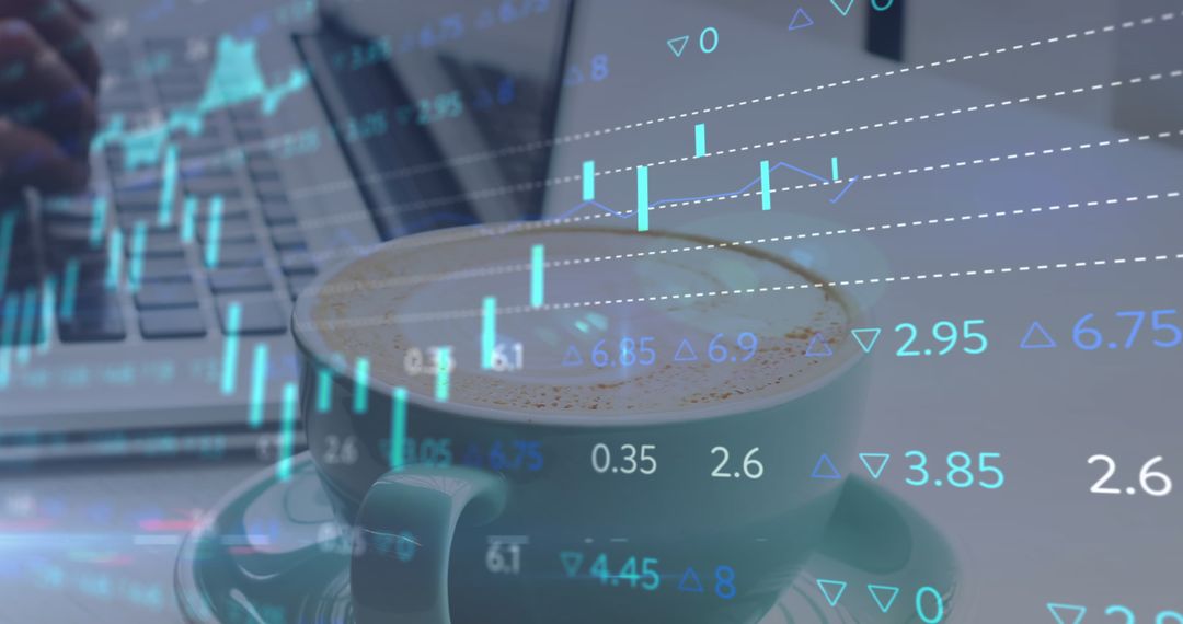 Data Visualization Overlay with Coffee and Laptop in Background