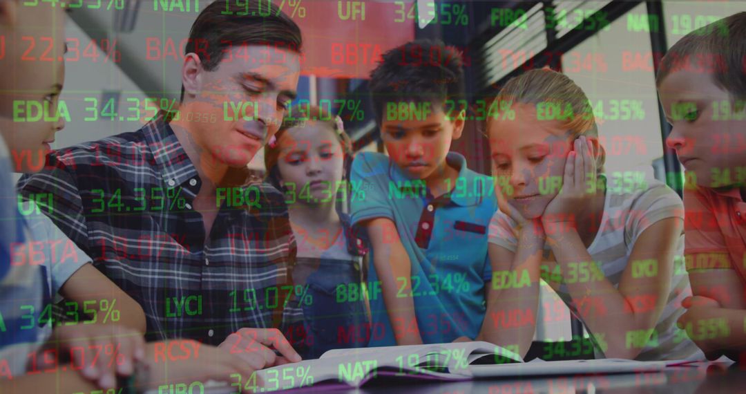 Engaged Tutor Reading Book to Children with Stock Market Overlay
