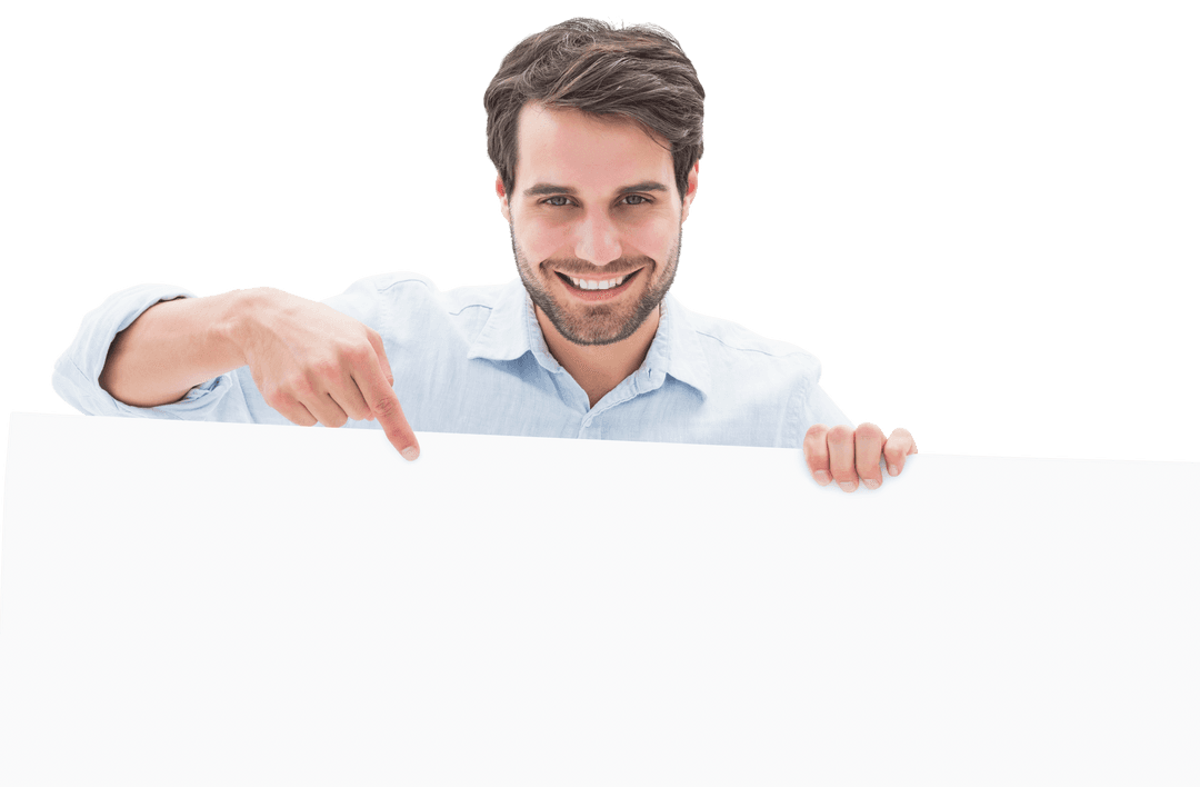 Smiling Young Man Holding Blank Sign on Transparent Background