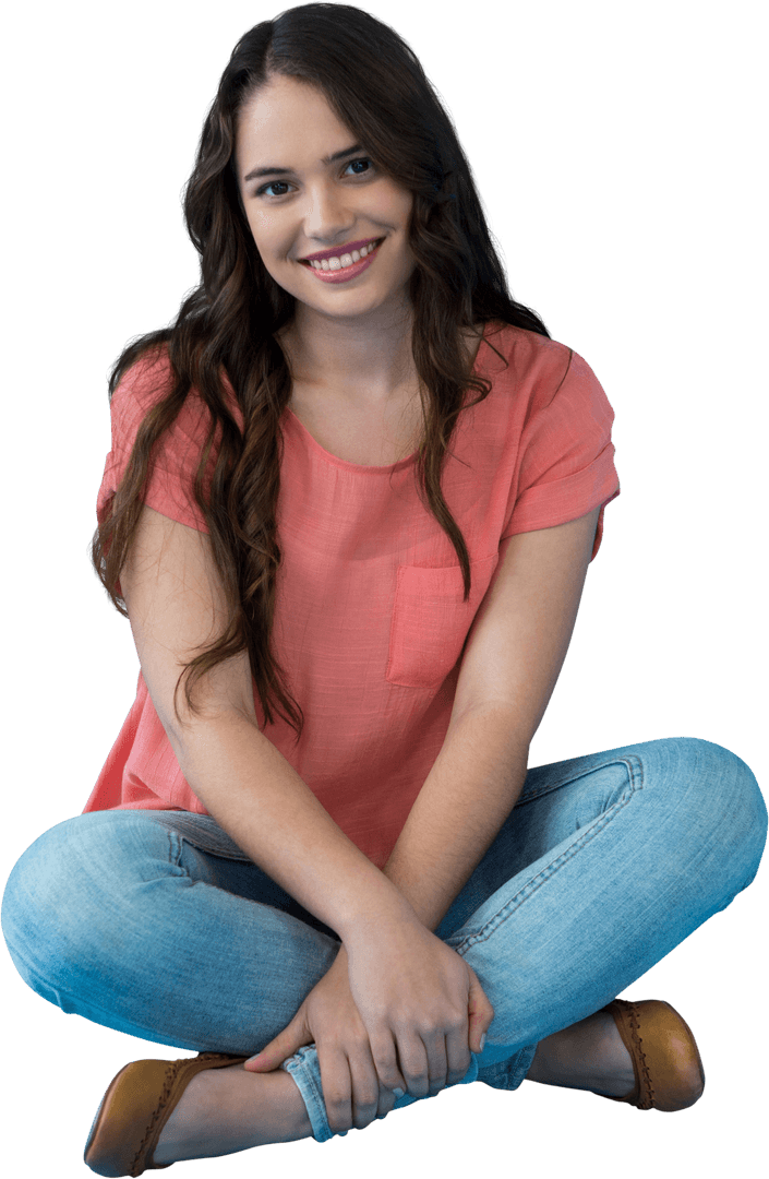 Smiling Woman Sitting Cross-Legged on Transparent Background