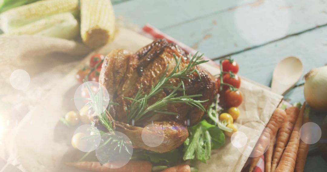 Thanksgiving Turkey with Vegetables on Rustic Table