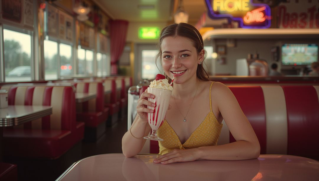 Teen enjoying raspberry milkshake in retro diner booth