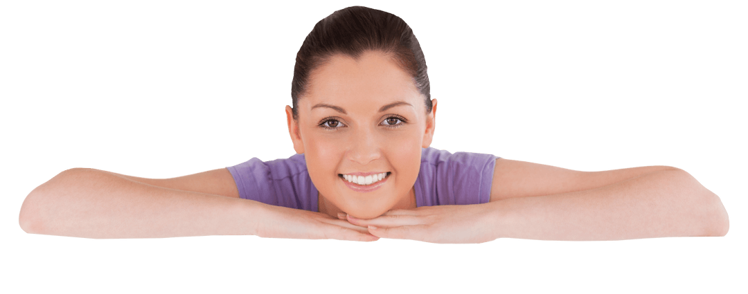 Transparent Woman Smiling Leaning on Hands
