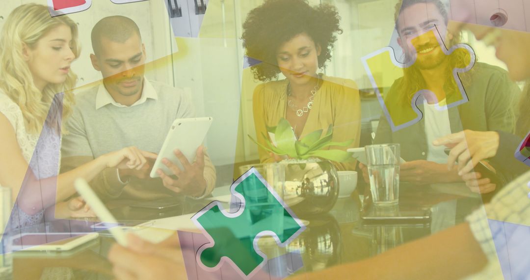 Diverse Team Collaboration with Puzzle Piece Overlay Concept