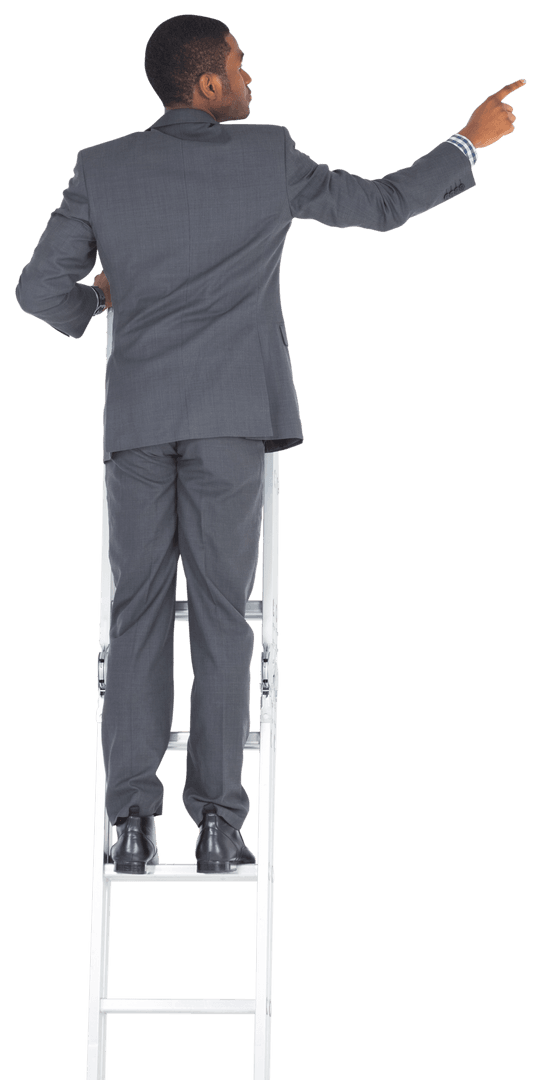Businessman Standing on Ladder Pointing with Transparent Background