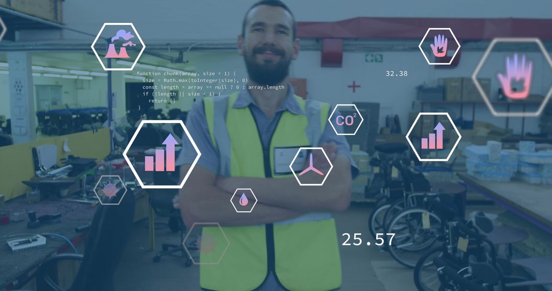 Confident Male Engineer in Workshop with Augmented Reality Interface