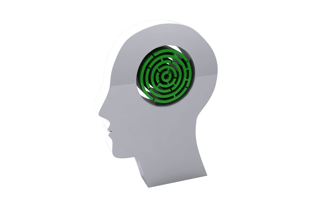 Transparent Human Head Silhouette with Circular Maze Brain