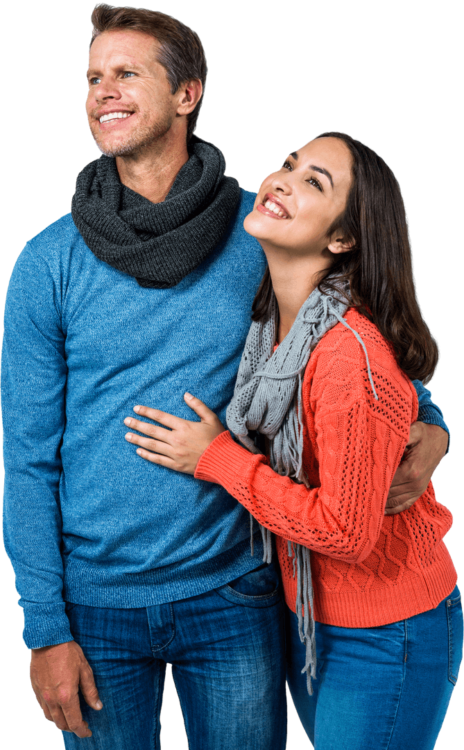 Smiling Happy Couple Looking Away, Wearing Autumn Clothes, Transparent Background