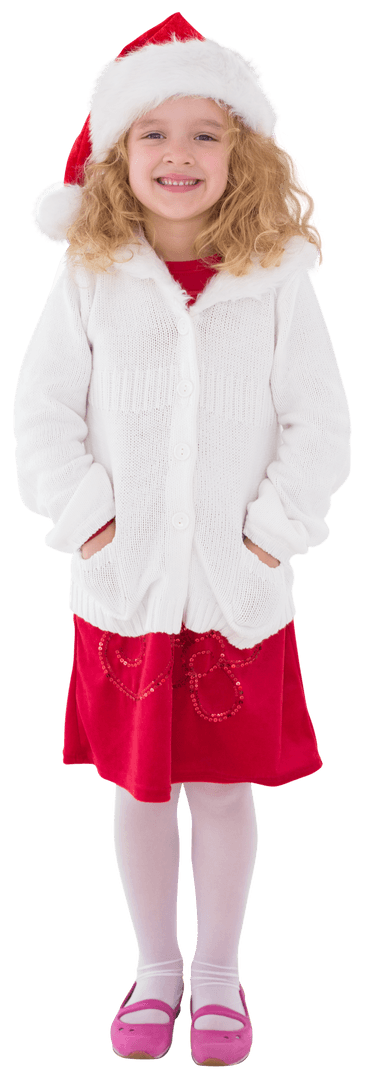 Smiling Little Girl in Santa Hat on Transparent Background
