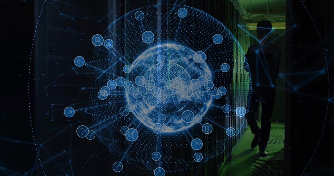 Futuristic Holographic Globe in Data Center Aisle with Technician