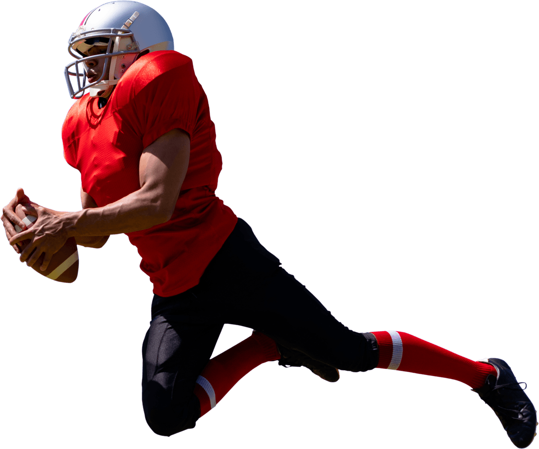 American Football Player Mid-Jump on Transparent Background