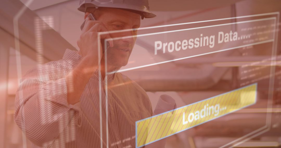 Architect Contacting Via Smartphone with Data Processing Overlay