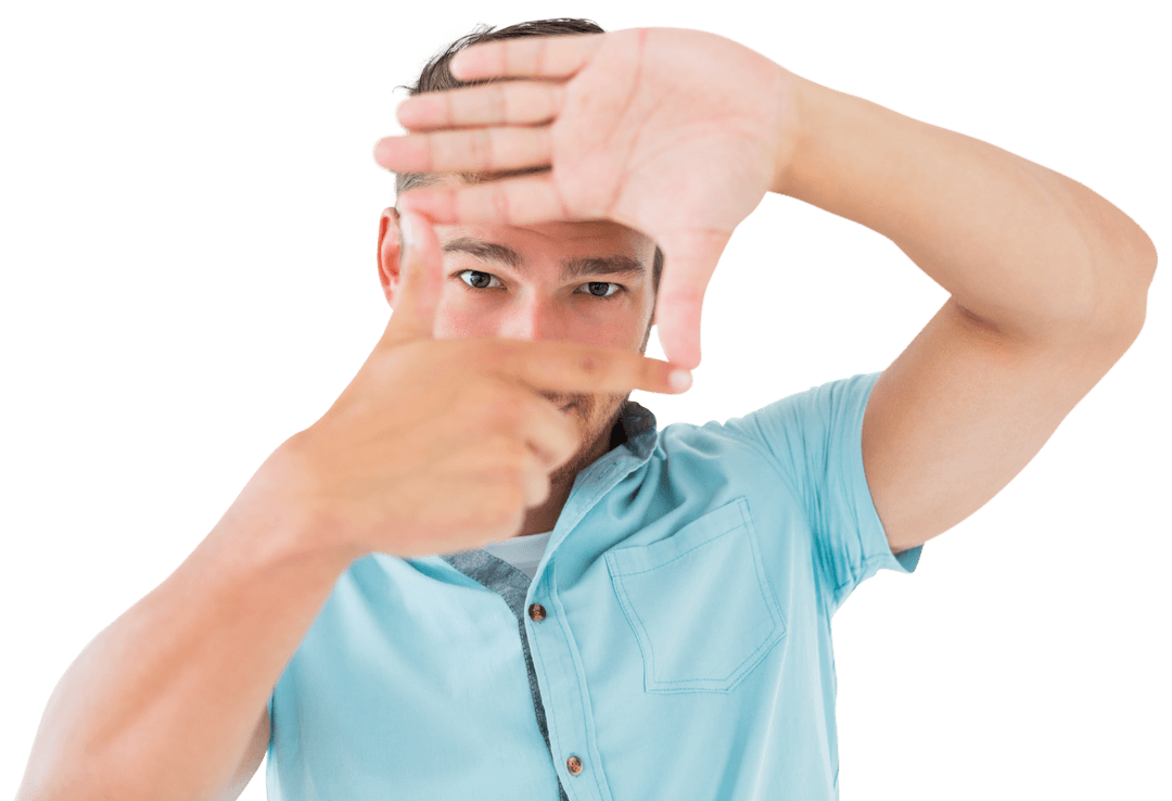 Handsome Man in Blue Shirt Making Frame with Hands on Transparent Background