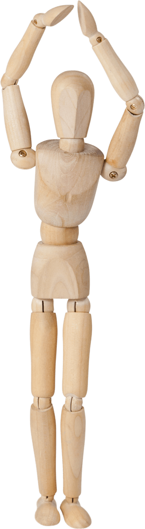 Wooden Art Mannequin with Transparent Background Arms Raised Overhead