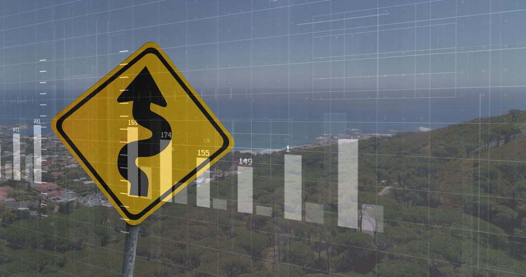 Road Sign with Superimposed Financial Analysis and Scenic View
