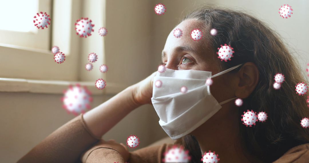 Pensive Woman with Face Mask and Floating Virus Particles