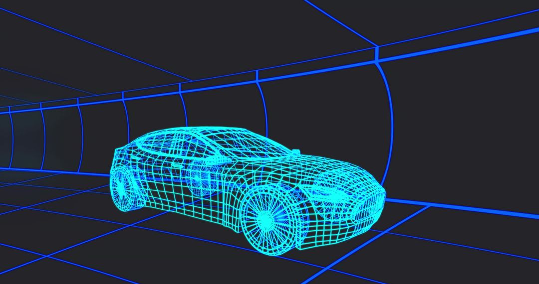 Futuristic Neon Wireframe Car in Virtual Tunnel Environment
