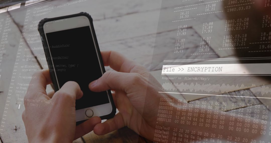 Tech Developer Holding Smartphone with Encryption Overlay