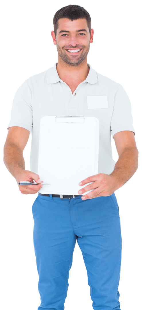 Transparent Smiling Man Presenting Blank Clipboard