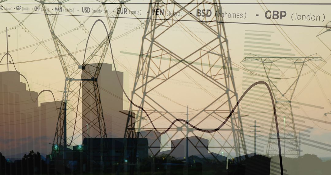 Lattice Towers Overlaying City Skyline and Charts at Dusk