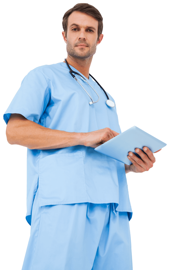 Transparent Surgeon Using Digital Tablet in Blue Scrubs