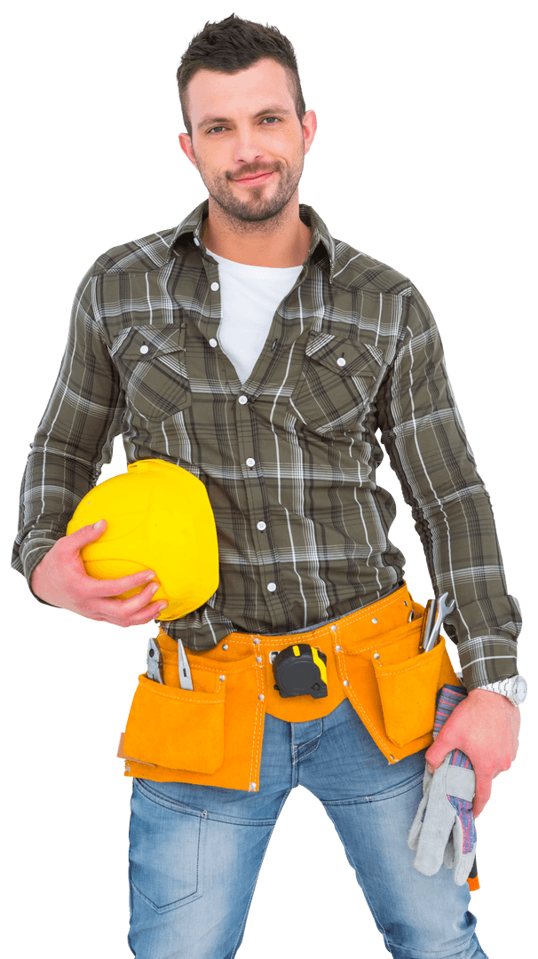 Transparent Handyman with Tool Belt Holding Helmet and Gloves
