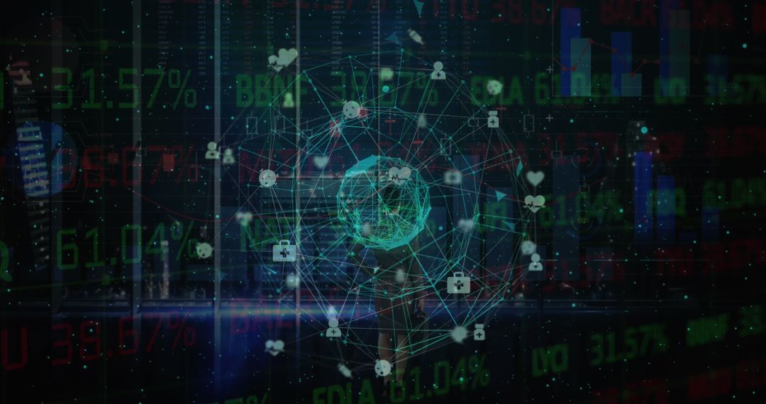 Digital Sphere of Networking Icons Against Stock Market Background