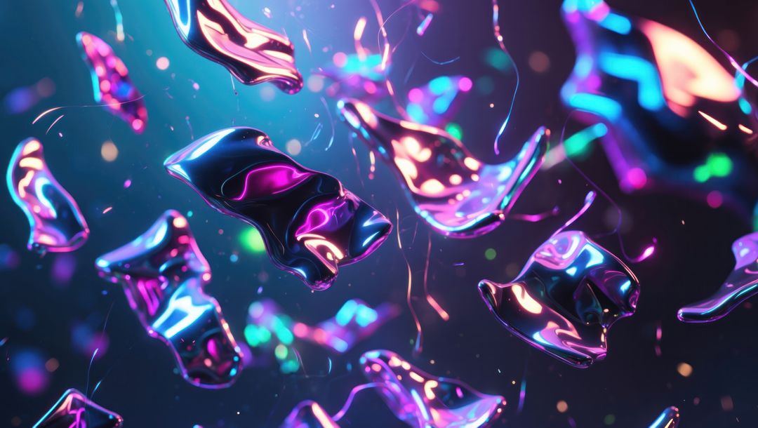 Futuristic Metallic Shapes Floating in Digital Void with Neon Particles