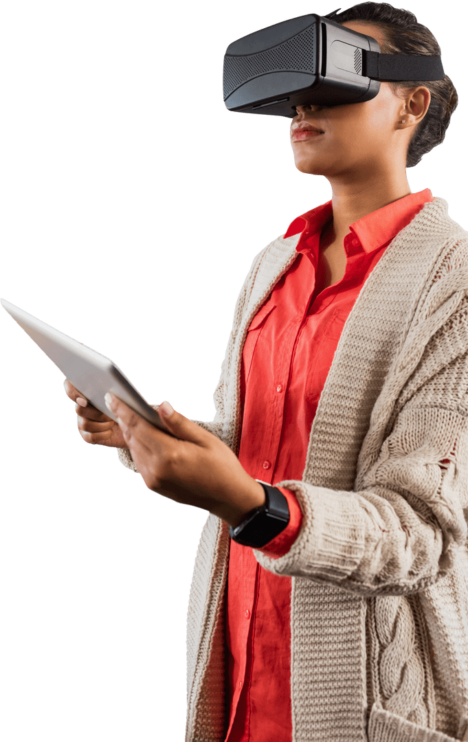 Transparent Businesswoman Using VR Headset and Tablet