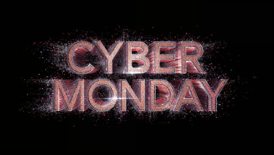 Cyber Monday 3D metallic lettering exploding particles and light streaks on black backdrop