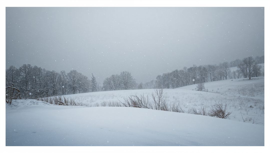 Snow-covered rural meadow with drifting snow, bare trees and rolling hills under overcast sky