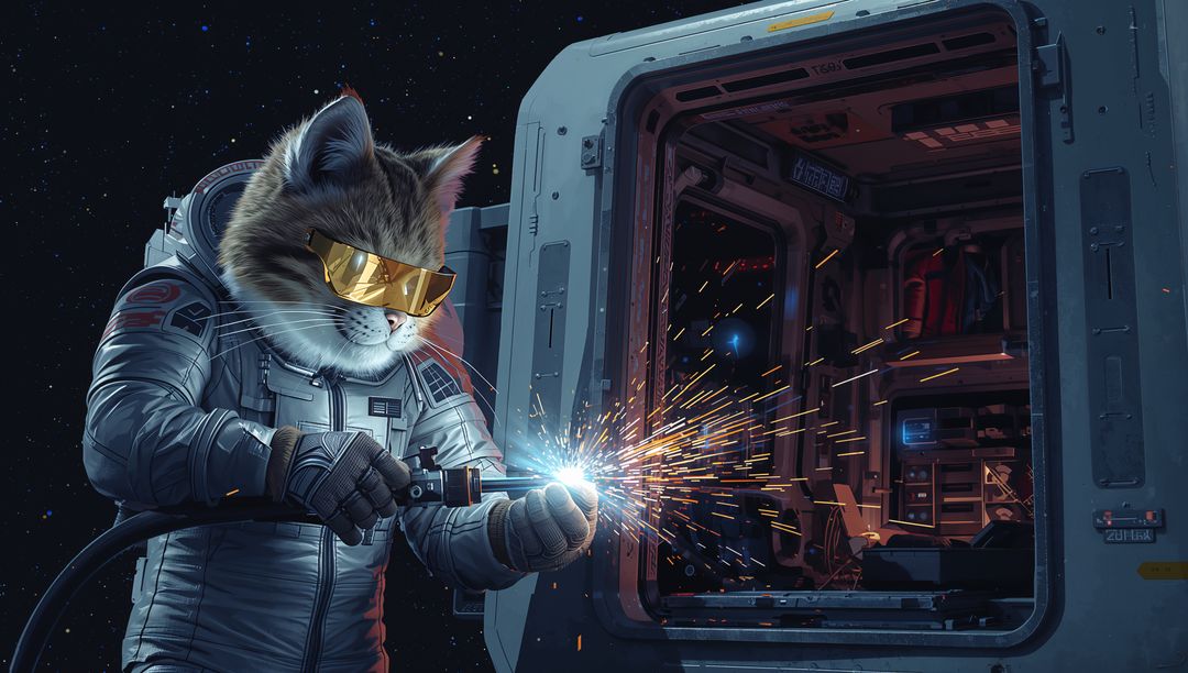 Tabby Cat Astronaut Welding at Spacecraft Hatch with Gold Visor and Flying Sparks