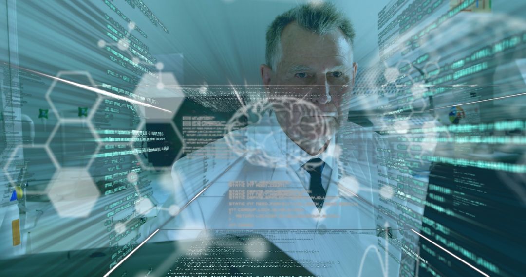 Senior Scientist Analyzing Holographic Brain Model in Futuristic Lab