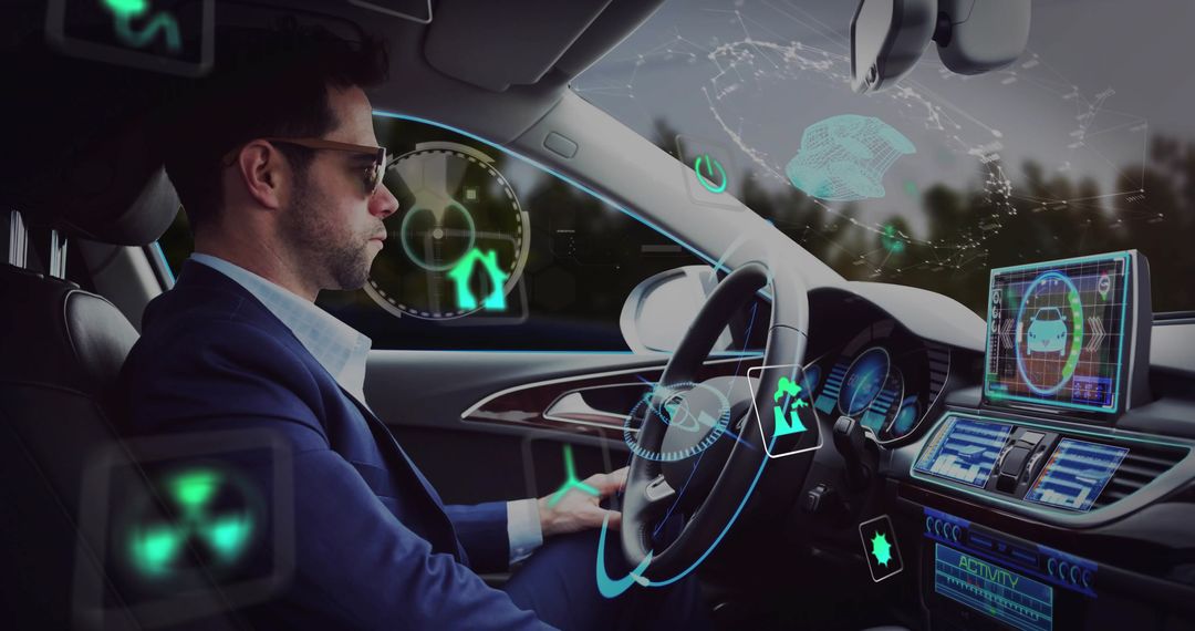 Professional Man Navigating Car with Advanced Holographic Interface