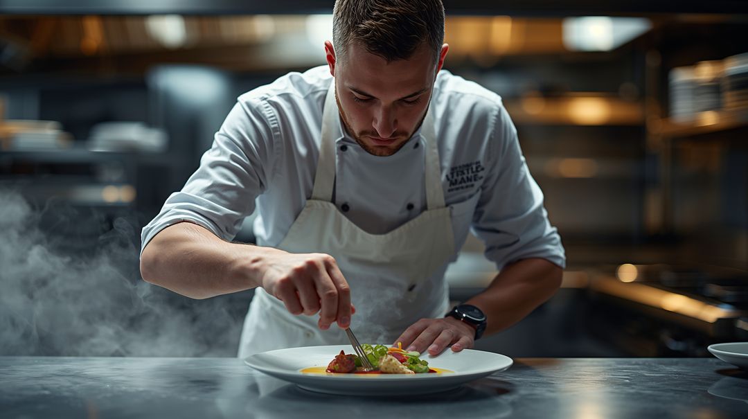 Chef Plating Fine-Dining Dish with Tweezers, Precision Plating in Professional Gourmet Kitchen
