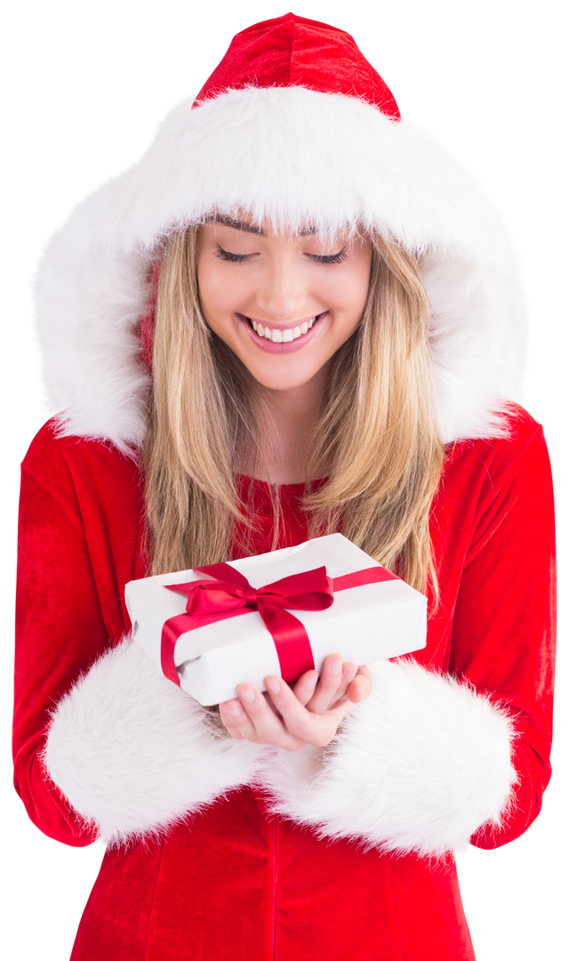 Transparent Smiling Woman Santa Costume Holding Present - Download Free Stock Images Pikwizard.com