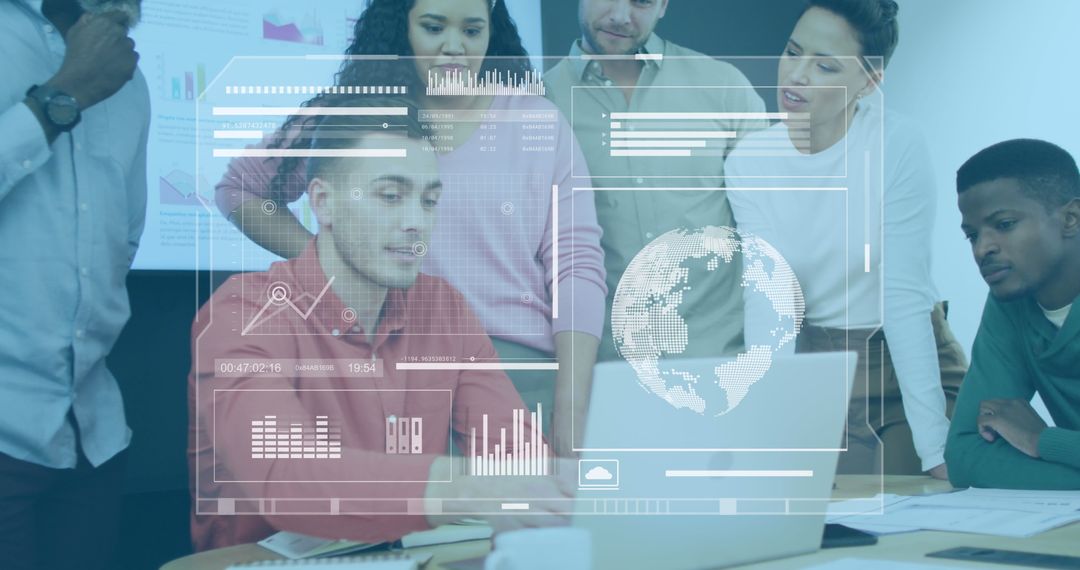 Diverse Team Analyzing Business Data with Digital Overlay