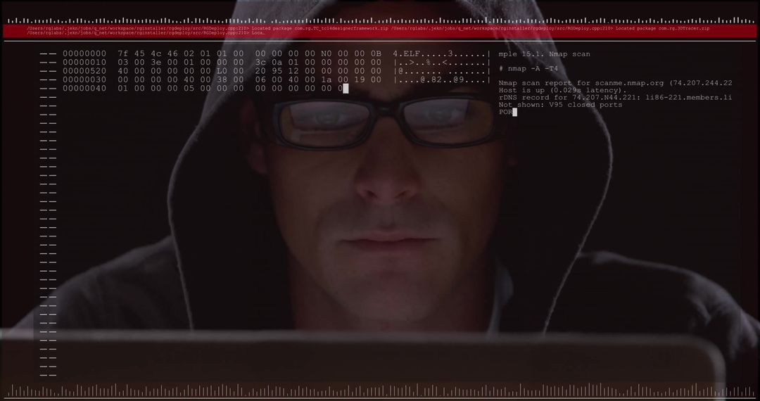 Hooded Programmer Analyzing Network Data on Laptop