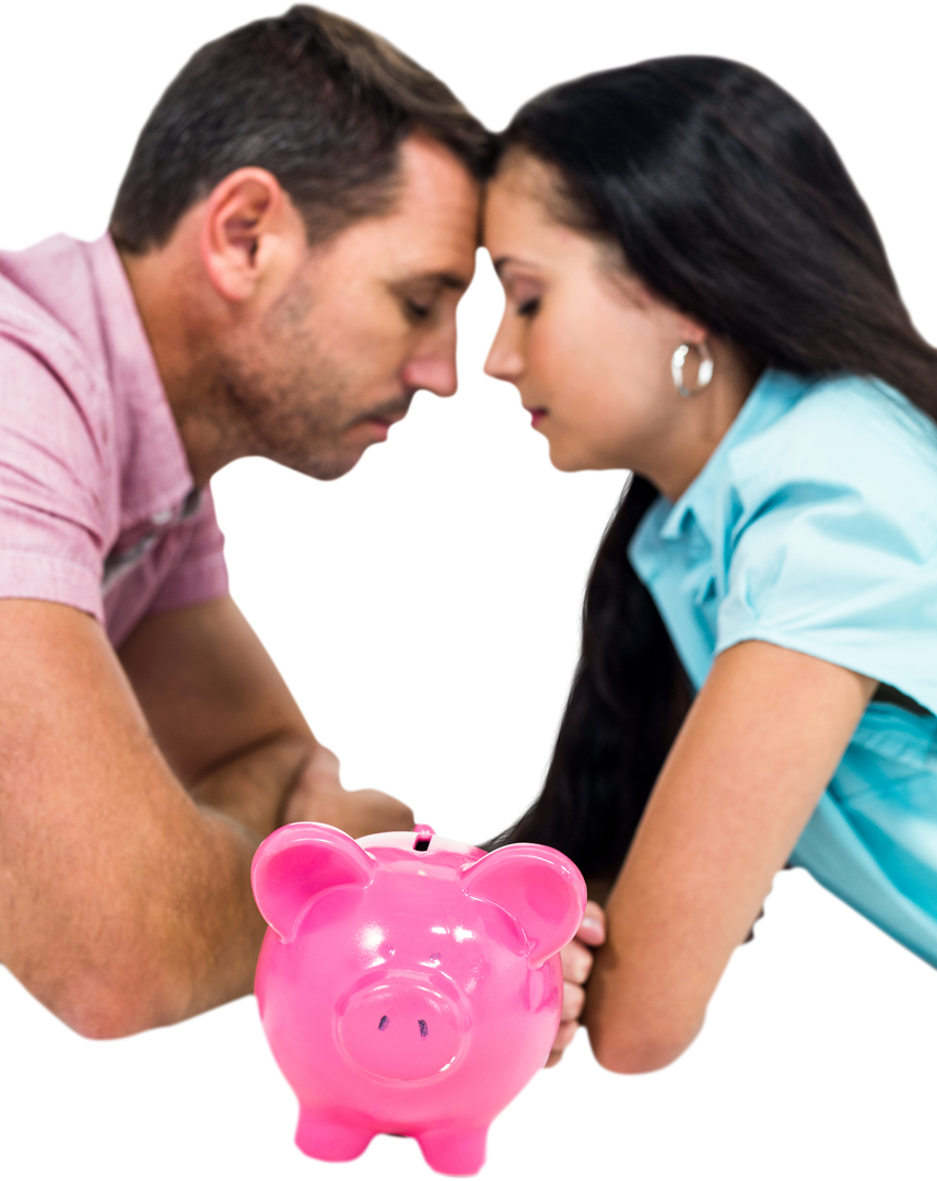 Worried Couple Laying Face to Face with Piggy Bank Transparent Background - Download Free Stock Images Pikwizard.com