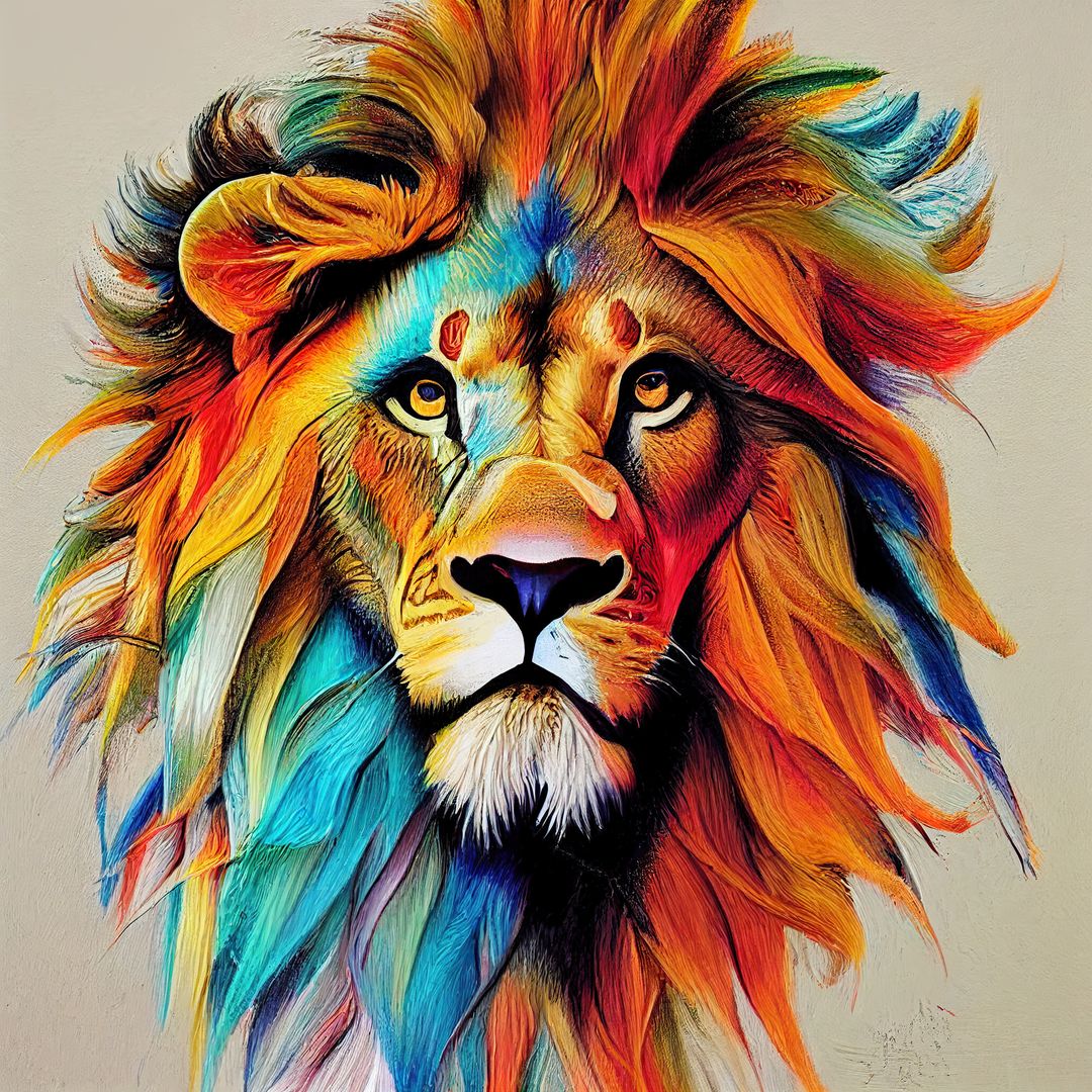 Image of on colorful lion head on beige background - Free Images, Stock Photos and Pictures on Pikwizard.com